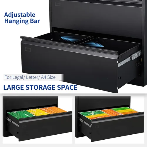 Vista 4 de Archivador de 2 cajones, archivador lateral negro con cerradura, archivador de metal con cerradura para oficina en casa, archivadores de oficina
