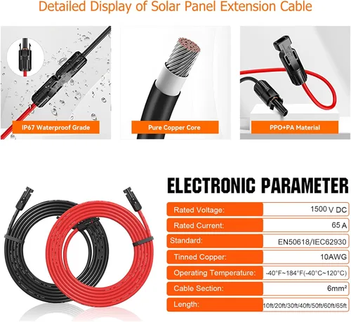 Vista 4 de Cable de extensión solar 10AWG de 10 pies rojo y negro, ambos extremos con conectores solares universales Plug & Play Cable fotovoltaico