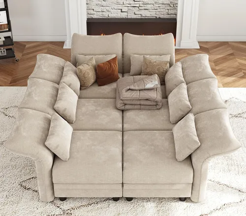 Vista 38 de LLappuil Sofá seccional beige con almacenamiento, sofás modulares de pana para sala de estar con apoyabrazos ajustables, cojines de felpa gruesos, 6