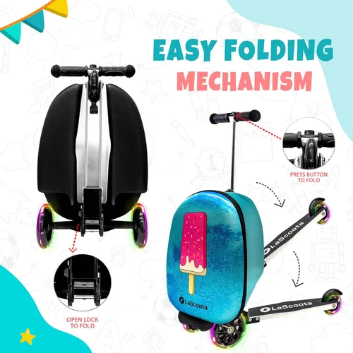 Vista 7 de Lascoota Maleta de scooter, equipaje plegable para niños, equipaje ligero para niños con ruedas, luces LED, maleta gráfica, maleta para niños
