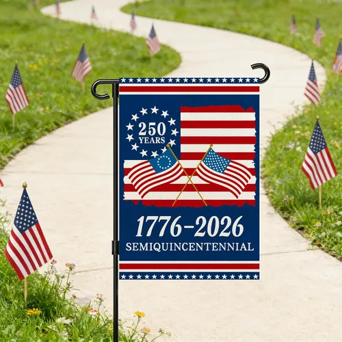Vista 7 de Banderas de jardín con el 250 aniversario de Estados Unidos para exteriores, bandera de Estados Unidos del 250 aniversario 1776-2026, letrero