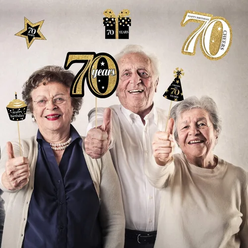 Vista 7 de Blulu Juego de decoraciones de fiesta de cumpleaños de 70 años, centros de mesa dorados con purpurina, suministros para fiesta, 24 piezas
