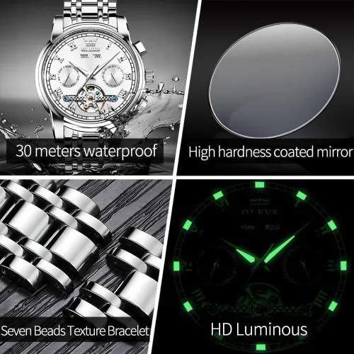 Vista 5 de OLEVS Relojes de pareja para hombres y mujeres, reloj automático para él y ella, tono de remolque, de acero inoxidable, impermeable, luminoso