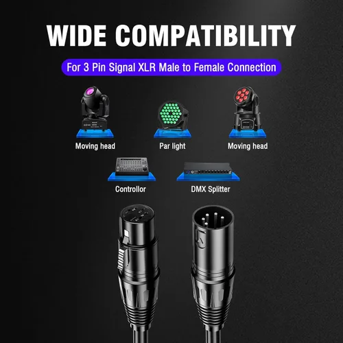 Vista 4 de Cable DMX de 5 pines de 10 pies, cable DMX flexible de 5 pines XLR macho a hembra, cable de iluminación de 5 pines para luces de escenario, señal