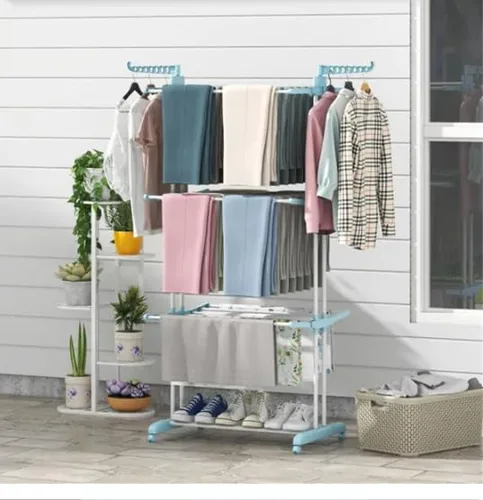 Vista 2 de Blue 4-Tier Foldable Clothes Drying Rack with Wheels, Heavy Duty Metal Laundry Hanger Stand for Indoor Outdoor Use