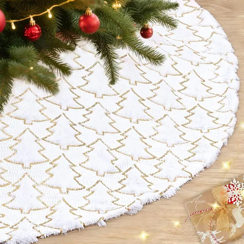 Vista 13 de Falda de árbol de Navidad blanca pequeña de 24 pulgadas, falda de árbol de lentejuelas para árbol de lentejuelas, mini falda de árbol con purpurina