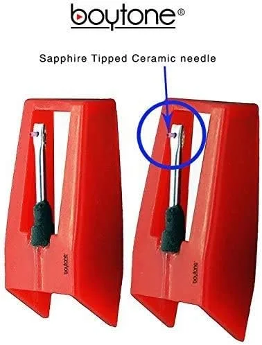 Vista 2 de Boytone Paquete de 2 agujas de repuesto de cerámica con punta de zafiro para tocadiscos, color rojo