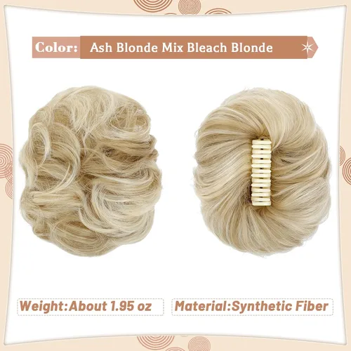 Vista 2 de Moño desordenado, extensiones de cabello sintético con clip de garra, para mujer, rubio ceniza, mezcla de rubio decolorado