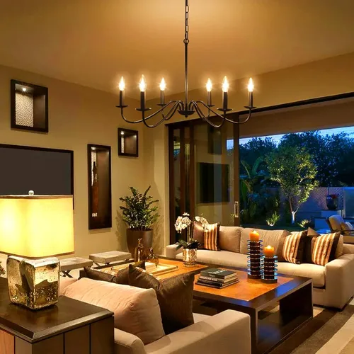 Vista 6 de Lámpara de araña enchufable con cable largo, candelabros estilo granja negros de 6 luces para lámpara de comedor, luces colgantes con cable 12 luces