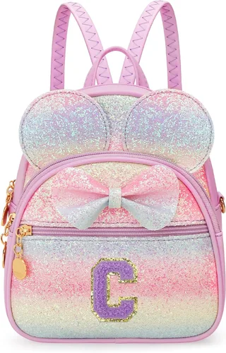 Vista 22 de KKXIU Mochilas Mini con Moño Inicial para Niñas y Mujeres, Linda Mochila Pequeña con Asa de Bolso, Regalos Personalizados para Niños, Arcoíris