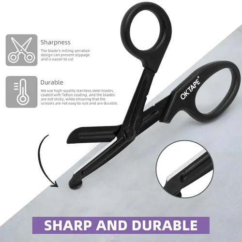 Vista 5 de OK TAPE Tijeras de vendaje, tijeras médicas, tijeras de trauma EMT, tijeras antiadherentes, primeros auxilios de teflón de acero inoxidable