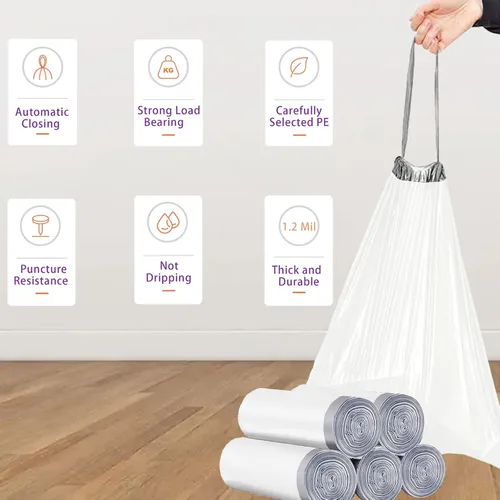 Vista 3 de Bolsas de basura con cordón resistentes de 50 unidades de 1.2 mil de grosor Forros blancos para botes de basura compatibles con Code P de 13-17