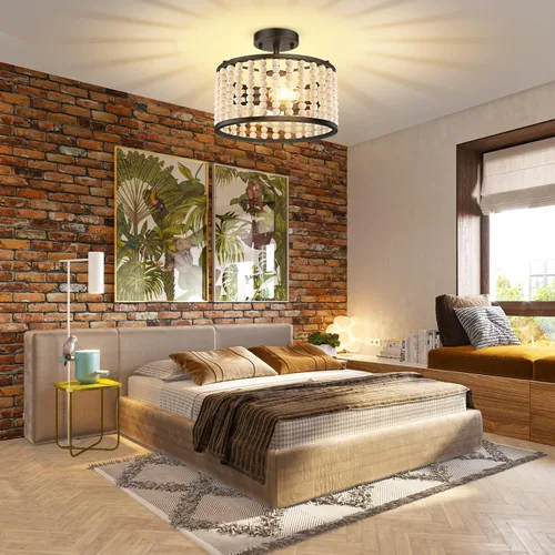 Vista 8 de Lámpara bohemia de granja - Lámpara de techo con cuentas de madera, lámpara de techo rústica semiempotrada, lámpara negra de 2 luces para cuarto