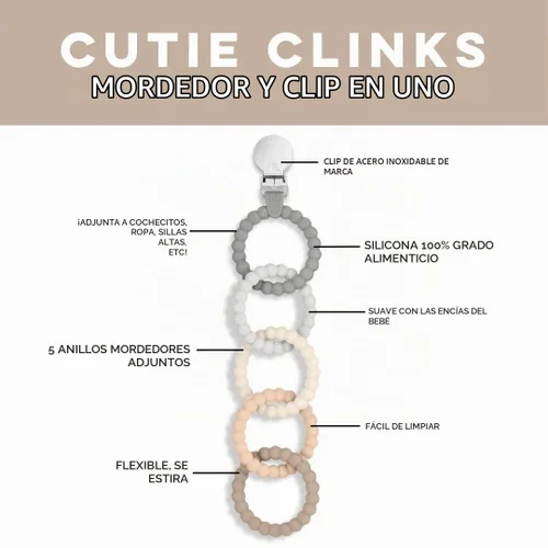 Vista 2 de Ryan & Rose Cutie Clinks Mordedor de juguete acoplable para masticar para bebés (neutral)