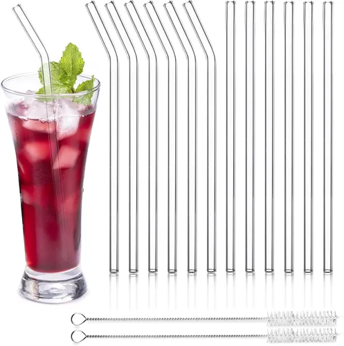 Vista 11 de Paquete de 12 popotes de vidrio reutilizables - 8" x 8 MM, popotes de vidrio curvos para beber con 2 cepillos de limpieza, popotes reutilizables