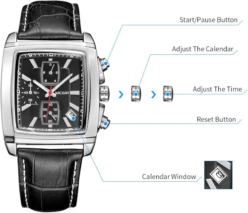 Vista 5 de MEGIR - Reloj analógico de cuarzo para hombre diseño rectangular con cronógrafo luminoso elegante correa de cuero adecuado para deporte y trabajo