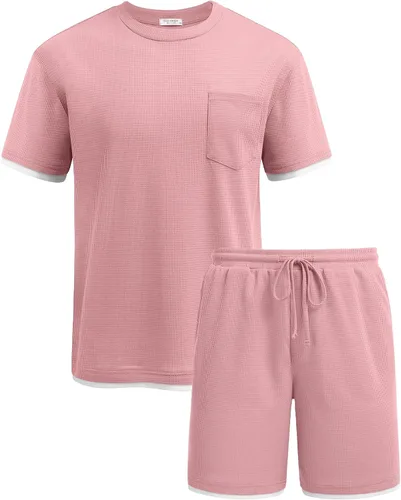 Vista 17 de COOFANDY Conjunto de camisa y pantalones cortos de gofre para hombre, conjunto de 2 piezas, conjunto casual de verano con bolsillos