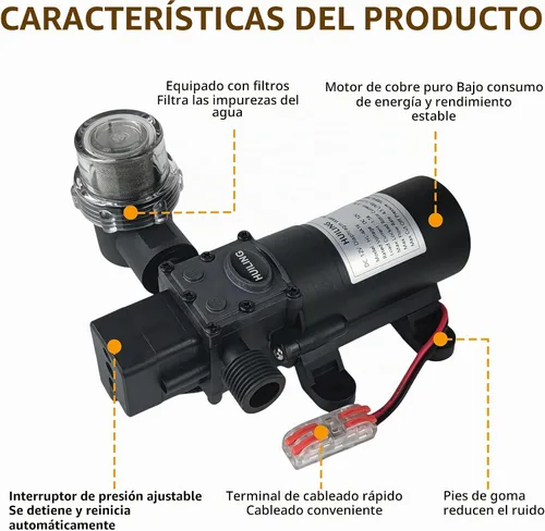 Vista 2 de Bomba de Diafragma DC de 12 V, Bomba Autocebante con Filtro, Terminal de Conexión Rápida, Bomba de Pulverización Ajustable con Interruptor