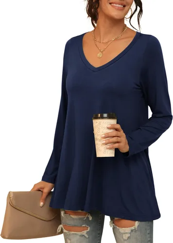 Vista 20 de AWULIFFAN Blusa tipo túnica holgada de manga larga con cuello redondo para mujer