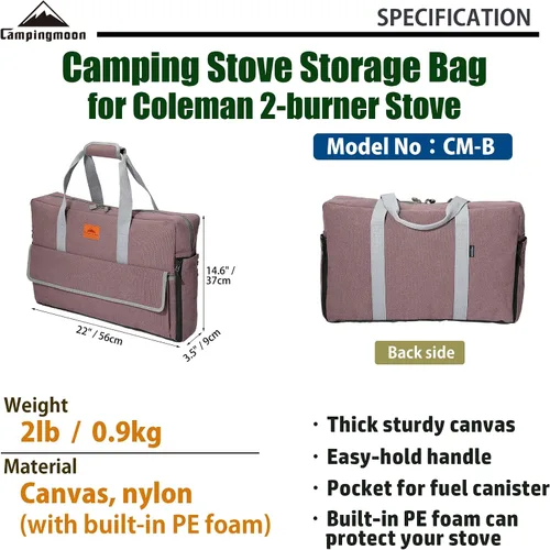 Vista 2 de CAMPINGMOON - Funda de transporte para estufa de campamento Coleman de 2 quemadores, lona CM-B, bolsillos para combustible de gas