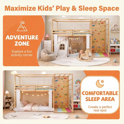 Vista 12 de KOMFOTT Twin Bunk Bed with Jungle Gym, Kids Loft Bed with Rock Wall,Natural