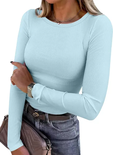 Vista 9 de ANRABESS - Camisetas de manga larga para mujer, de punto acanalado, ajustadas, básicas, 2025, informales, para usar a capas o debajo del uniforme