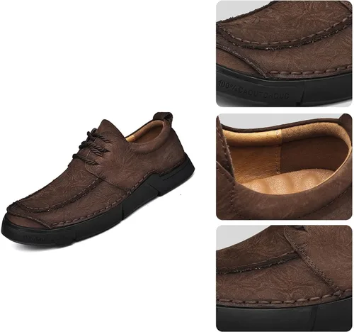 Vista 6 de Zapatillas casuales de cuero genuino para hombre, zapatos planos de punta redonda, suela suave con cordones, cómodos zapatos de senderismo al aire