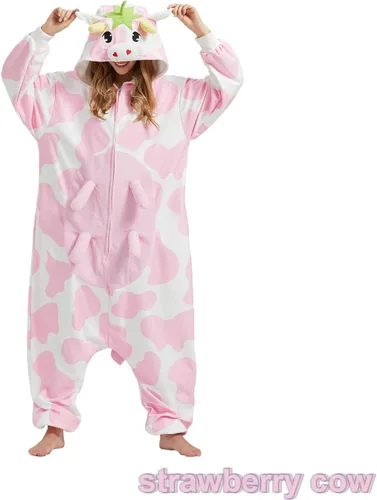 Vista 4 de BETIFUHOM Pijama mameluco de vaca rosa animal unisex de una pieza Cosplay Halloween disfraz