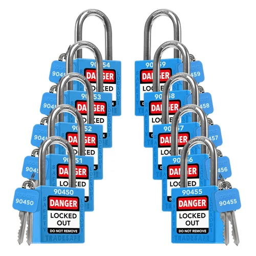 Vista 20 de TRADESAFE Juego de cerraduras de bloqueo - 7 cerraduras de loto rojas, cerraduras de bloqueo con llave diferente, 1 llave por cerradura, candados