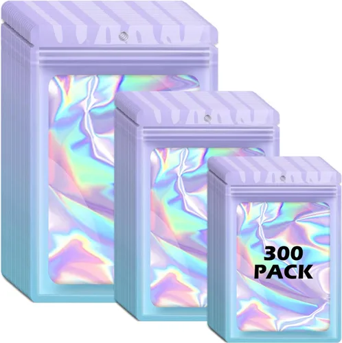 Vista 17 de 300 bolsas holográficas de mylar, 3 tamaños, bolsas a prueba de olores con ventana transparente, bolsas de papel de aluminio resellables