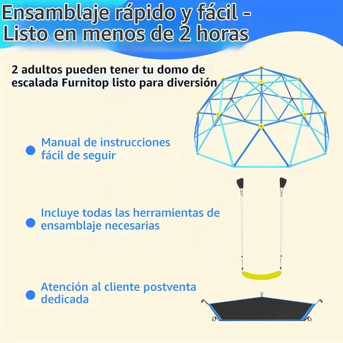 Vista 7 de Gardenature - Cúpula de escalada de 10 pies con hamaca y columpio, gimnasio de jungla al aire libre para niños, estructura de escalada de cúpula Azul