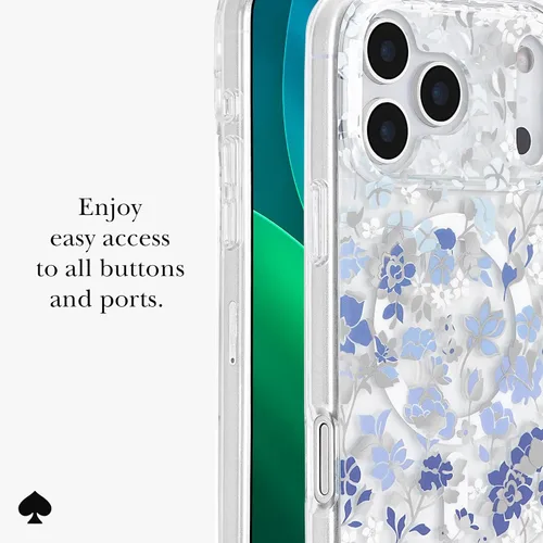 Vista 6 de Kate Spade New York Funda para iPhone 17 Pro Max, compatible con MagSafe, funda de diseño para teléfono, diseño de gemas azules de cama de flores