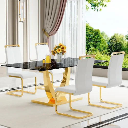 Vista 22 de Juego de mesa de comedor negra para 4, 63 x 35.4 x 30 pulgadas, mesa de comedor moderna rectangular con patas y base de acero inoxidable, sillas