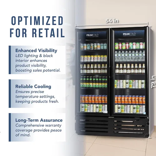 Vista 3 de PEAKCOLD + Refrigerador vertical de 2 puertas - Refrigerador comercial negro de 41.7 pies cúbicos de bajo consumo con puertas de vidrio