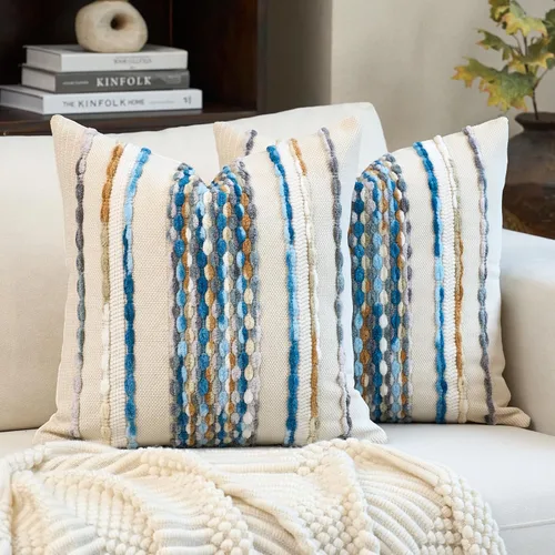 Vista 13 de Aeckself Fundas de almohada bohemias de chenilla con borlas tuftadas de 18x18 pulgadas, juego de 2, fundas decorativas rústicas a rayas cuadradas