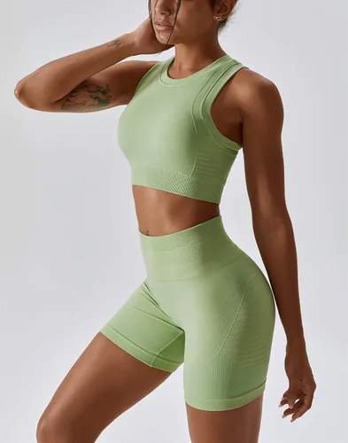 Vista 48 de Conjuntos de entrenamiento para mujer, 2 piezas, sin costuras, acanalada, sin mangas, brasier deportivo, cintura alta, pantalones cortos