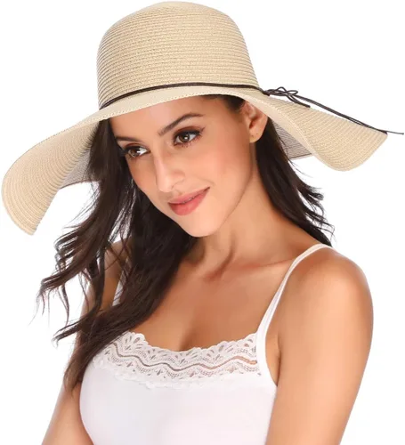 Vista 3 de Lanzom - Sombrero de paja con ala ancha para mujer, plegable, enrollable, de playa, con protección solar UPF 50+ Beige