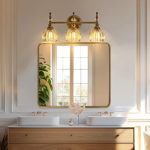 Vista 14 de Espejo de latón para baño, espejo rectangular redondeado de 22x30 pulgadas con marco de metal cepillado dorado, espejo de tocador de baño sin