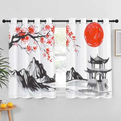 Vista 58 de Cortinas japonesas con pintura de tinta, monte Fuji, sol rojo, puesta de sol, hojas de bambú, cortinas de ventana para dormitorio, sala de estar