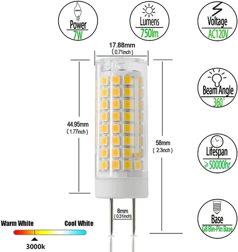 Vista 3 de Bombilla LED G8, repuesto de bombilla halógena de 75 W, regulable 7 W, 750 lúmenes, CA 120 V, base bipin GY8.6/G8, blanco cálido 3000 K para luz