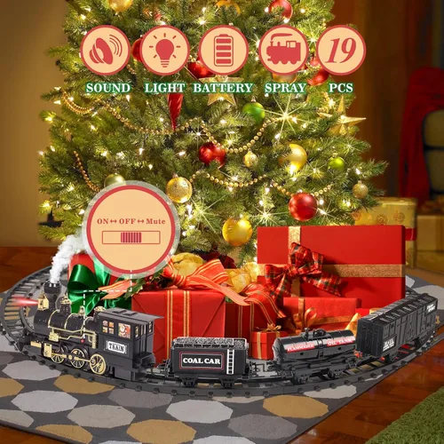 Vista 5 de BainGesk Juego de Tren, Juego de tren de Navidad con vapor, luces y sonidos, juegos de tren para alrededor del árbol de Navidad, juguetes de tren