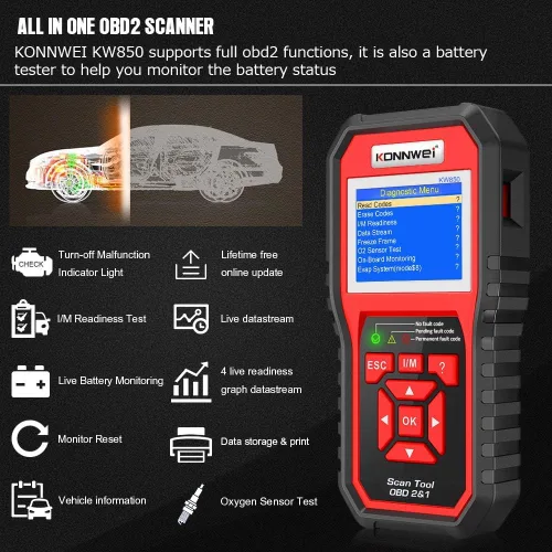 Vista 3 de Paquete de 2 escáneres KONNWEI KW850 profesional OBD2 Lector de código automático (rojo + negro)