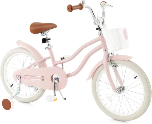 Vista 12 de HONEY JOY Bicicleta para niños de 12, 14, 16, 18, 20 pulgadas, con ruedas de entrenamiento, freno de mano y freno de posavasos, cadena totalmente