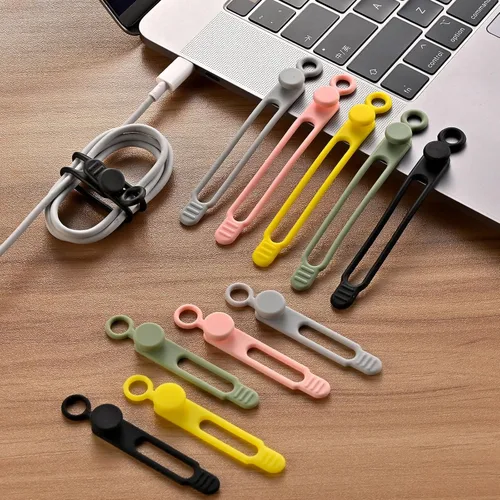 Vista 2 de 10 piezas de bridas de cable de silicona reutilizables – Organizador de cables ajustable con hebilla de bloqueo, bridas elásticas de cable
