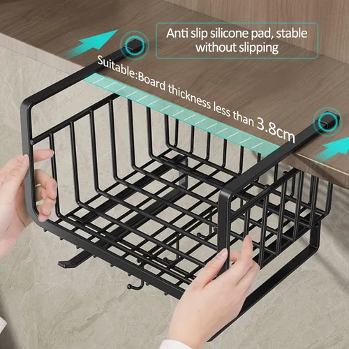Vista 5 de Almacenamiento debajo del gabinete, cesta colgante de acero al carbono inoxidable para cocina y oficina, estante debajo del escritorio