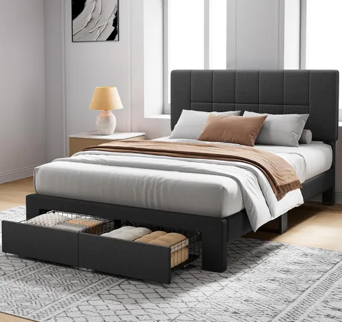 Vista 3 de Pipishell Marco de cama Full con 2 cajones de almacenamiento, 12 patas resistentes, base de cama de madera maciza con cabecera tapizada