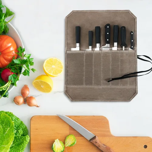 Vista 7 de HERSENT Funda enrollable para cuchillos de chef, lona encerada, soportes para cuchillos, protectores, herramientas de cocina para el hogar