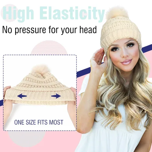 Vista 2 de Gorro Peluca Gorro de Lana con Cabello Extensiones Largas Onduladas Gorro de Punto con Pompón Adjunto de 20" Pieza de Cabello Sintética Removible