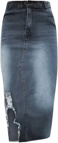 Vista 3 de Falda midi de mezclilla para mujer, sexy, desgastada, elástica, entallada, con abertura alta, entallada, entallada, entallada, con cintura alta