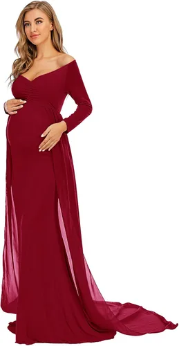 Vista 2 de ZIUMUDY Vestido de maternidad de manga larga con hombros descubiertos, vestido de gasa para sesión de fotos, baby shower
